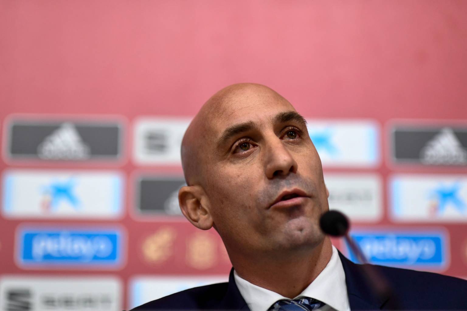 Spanish Royal Football Federation (RFEF) president Luis Rubiales gives a press conference on November 19, 2019 at Las Rozas football sports city near Madrid. - Luis Enrique will return as coach of Spain and replace Robert Moreno ahead of Euro 2020, the Spanish Football Federation (RFEF) confirmed on November 19, 2019. Moreno took charge in June after Luis Enrique had resigned to take care of his daughter Xana, who died in August of bone cancer. "Today we can confirm Luis Enrique returns to his position of work," said RFEF president Luis Rubiales, in a press conference at the national team's training base in Las Rozas. (Photo by OSCAR DEL POZO / AFP) (Photo by OSCAR DEL POZO/AFP via Getty Images)