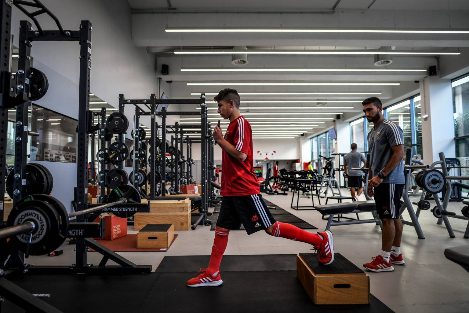 Benfica's under 15 players attend a gym training session at Benfica's Football Academy in Seixal on October 10, 2019. - Bernardo Silva, Joao Cancelo, Goncalo Guedes or more recently Joao Felix: all these players come from the excellent training center Benfica Lisbon, a machine to produce football stars. (Photo by PATRICIA DE MELO MOREIRA / AFP) (Photo by PATRICIA DE MELO MOREIRA/AFP via Getty Images)