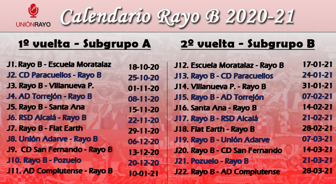 Calendario Rayo Vallecano B 2020-2021 Unión Rayo